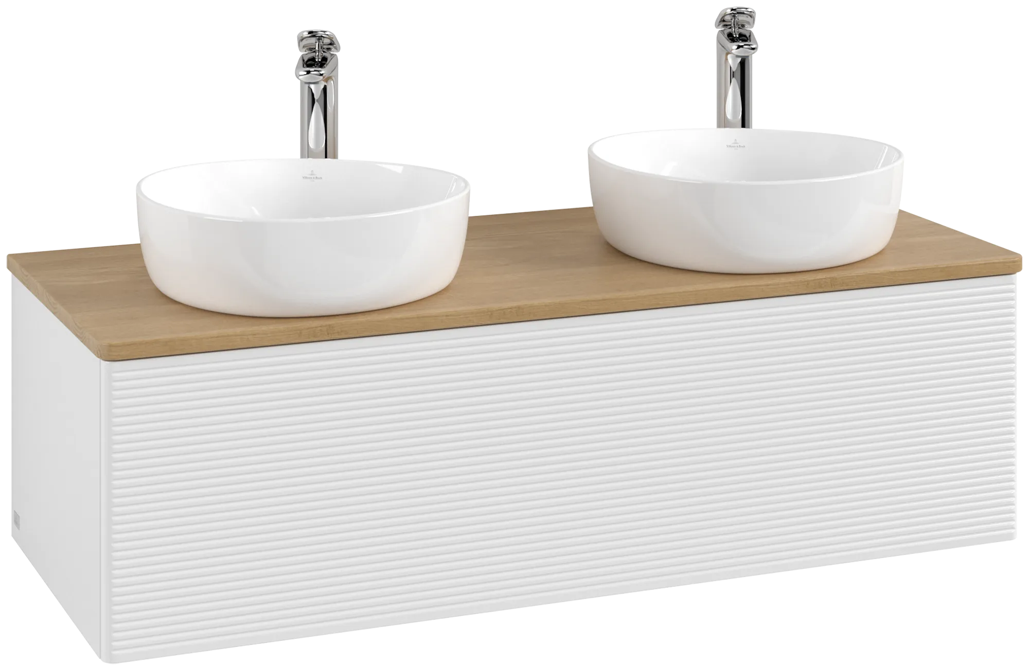 Зображення з  VILLEROY BOCH Antao Vanity unit, with lighting, 1 pull-out compartment, 1200 x 360 x 500 mm, Front with grain texture, Glossy White Lacquer / Honey Oak #L35151GF