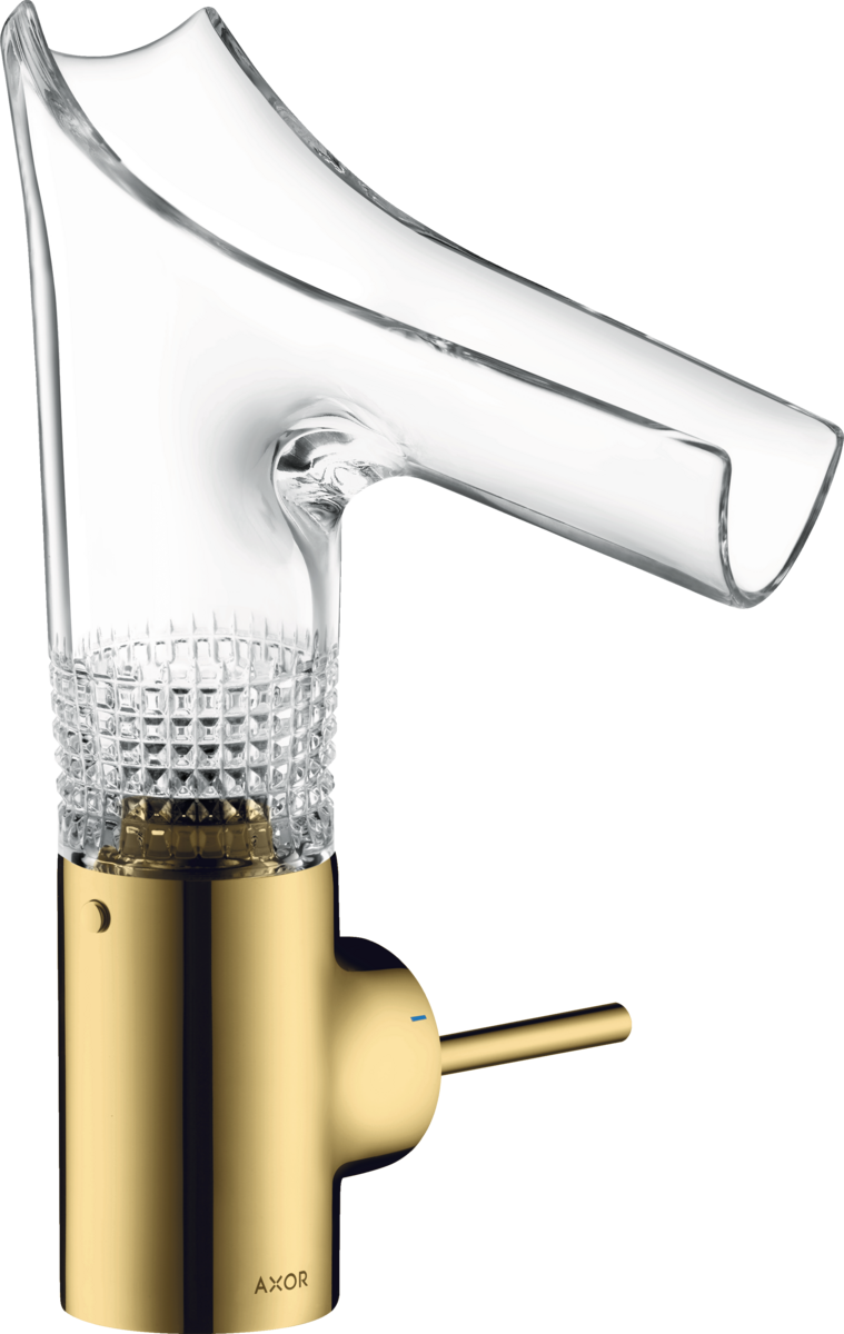 HANSGROHE AXOR Starck V Einhebel-Waschtischmischer 140 mit Glasauslauf und Ablaufgarnitur - Diamantschliff #12122990 - Polished Gold Optic