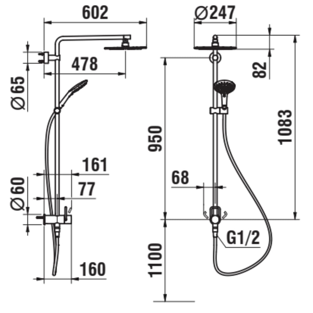 Bild von LAUFEN TWIN Showerstation für Simibox 1-Point, mit Brausenhalter TwinGliss, mit Regenbrause Ø 247 mm, mit Kunststoffschlauch 1500 mm, mit Handbrause MyTwin120, Chrom #HF980356100000