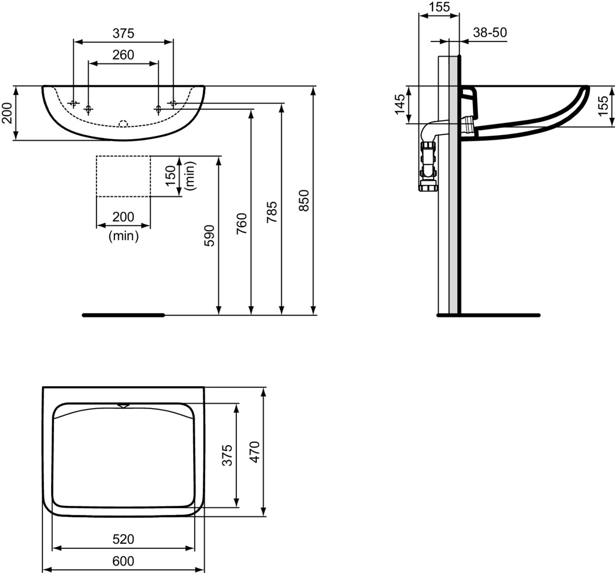 IDEAL STANDARD Contour 21+ Waschtisch 600x470mm, ohne Hahnloch, ohne Überlauf #E232801 - Weiß (Alpin)