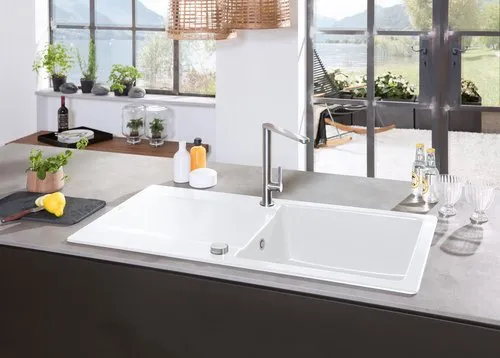 Bild von VILLEROY BOCH Siluet 50 Einbauspüle, inklusive Ablaufgarnitur mit Excenterbetätigung, aus TitanCeram, 900 x 510 mm, Stone White CeramicPlus #333502RW