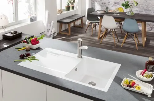 Bild von VILLEROY BOCH Siluet 50 flat flächenbündige Spüle, inklusive Ablaufgarnitur mit Handbetätigung, aus TitanCeram, 880 x 490 mm, Weiß Alpin CeramicPlus #33351FR1