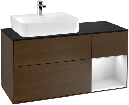 VILLEROY BOCH Finion Waschbeckenunterschrank, mit Beleuchtung, 3 Auszüge, 1200 x 603 x 501 mm, Walnut Veneer / White Matt Lacquer / Glass Black Matt #F152MTGN, Bild 2
