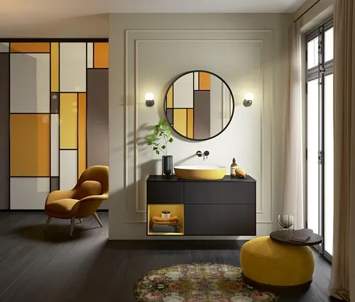 Bild von VILLEROY BOCH Finion Waschbeckenunterschrank, mit Beleuchtung, 3 Auszüge, 1200 x 603 x 501 mm, Black Matt Lacquer / Gold Matt Lacquer / Glass Black Matt #FA62HFPD