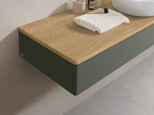 Bild von VILLEROY BOCH Antao Waschbeckenunterschrank, mit Beleuchtung, 1 Auszug, 1200 x 190 x 500 mm, Front mit Struktur, Leaf Green Matt Lacquer / Honey Oak #L12151HL
