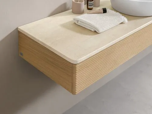 Bild von VILLEROY BOCH Antao Waschbeckenunterschrank, mit Beleuchtung, 1 Auszug, 1200 x 190 x 500 mm, Front mit Struktur, Honey Oak / Botticino #L12153HN