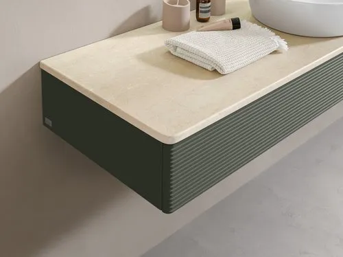 Bild von VILLEROY BOCH Antao Waschbeckenunterschrank, mit Beleuchtung, 1 Auszug, 1200 x 190 x 500 mm, Front mit Struktur, Leaf Green Matt Lacquer / Botticino #L12153HL