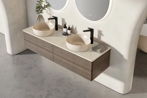 Bild von VILLEROY BOCH Antao Waschbeckenunterschrank, mit Beleuchtung, 4 Auszüge, 1600 x 360 x 500 mm, Front mit Struktur, Warm Walnut / Botticino #L28153HM