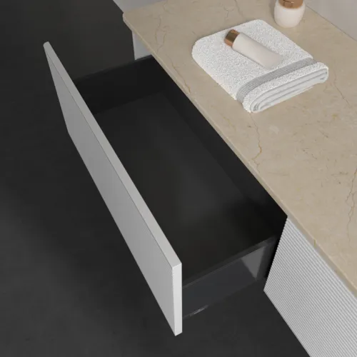 Obrázek VILLEROY BOCH Antao Vanity unit, with lighting, 2 pull-out compartments, 1600 x 360 x 500 mm, Front with grain texture, Glossy White Lacquer / Botticino #L38113GF