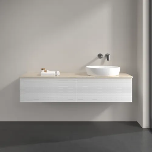 Obrázek VILLEROY BOCH Antao Vanity unit, with lighting, 2 pull-out compartments, 1600 x 360 x 500 mm, Front with grain texture, Glossy White Lacquer / Botticino #L38113GF