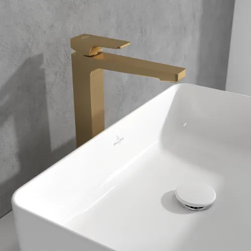 Bild von VILLEROY BOCH Architectura Square Einhebel-Waschtischarmatur erhöht mit Push-Open-Ablaufgarnitur, Brushed Gold #TVW12500200076