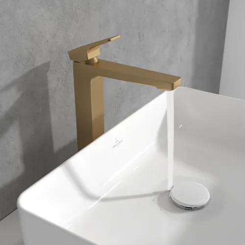 Bild von VILLEROY BOCH Architectura Square Einhebel-Waschtischarmatur erhöht mit Push-Open-Ablaufgarnitur, Brushed Gold #TVW12500200076