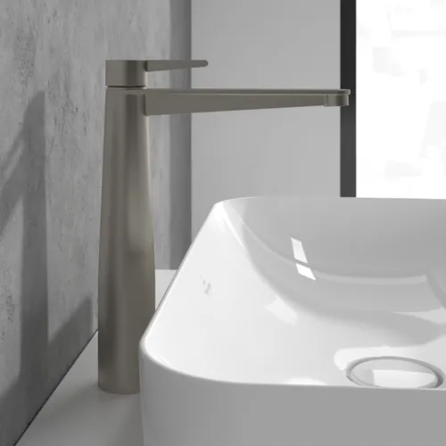 Bild von VILLEROY BOCH Conum Einhebel-Waschtischarmatur erhöht mit Push-Open-Ablaufgarnitur, Brushed Nickel Matt #TVW12700500064