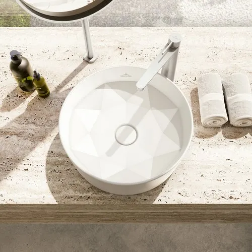 Bild von VILLEROY BOCH Octagon Aufsatzwaschbecken, 418 x 418 x 150 mm, Stone White CeramicPlus, ohne Überlauf #5A5640RW