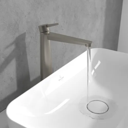 Bild von VILLEROY BOCH Conum Einhebel-Waschtischarmatur erhöht mit Push-Open-Ablaufgarnitur, Brushed Nickel Matt #TVW12700500064