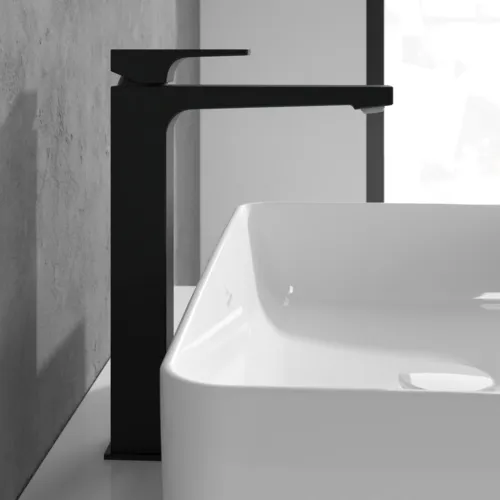 Bild von VILLEROY BOCH Architectura Square Einhebel-Waschtischarmatur erhöht mit Push-Open-Ablaufgarnitur, Matt Black #TVW125002000K5