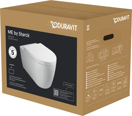 DURAVIT WC-Set wandhängend 452909 Design by Philippe Starck #45290900A11 - © Farbe 00, Set Artikel: Wand WC, WC-Sitz, Artikel Nr.: 252909AA00, 0020090000, DuraShield, Weiß Hochglanz, Tiefspüler, Rimless, Spülrand: spülrandlos, Abgang waagerecht, Sitzgarnitur abnehmbar, Absenkautomatik, Spülform: Tiefspüler, Spülprinzip: Verdrängung, Abgang waagerecht, Absenkautomatik, Befestigung inklusive: Durafix, Kartonabmessungen: 400x455x590 mm, Unified Water Label (UWL) Klasse: 1 374 x 570 mm