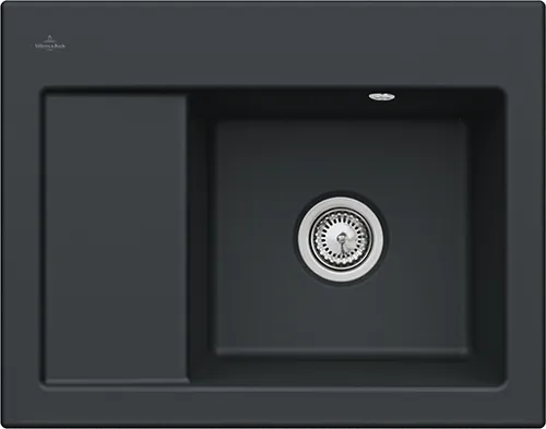 Bild von VILLEROY BOCH Subway 45 Compact Einbauspüle, inklusive Ablaufgarnitur mit Handbetätigung, aus Keramik, 650 x 510 mm, Pure Black #331301R7