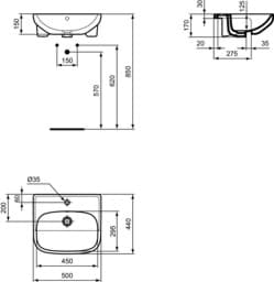 Bild von IDEAL STANDARD i.life A Halbeinbauwaschtisch 500mm, mit 1 Hahnloch, mit Überlaufloch (rund) Weiß (Alpin) T451701