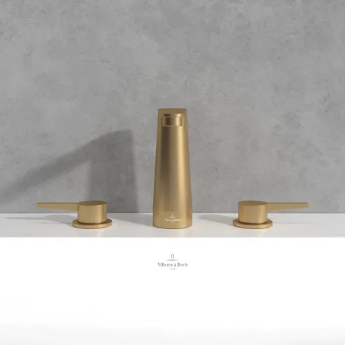 Bild von VILLEROY BOCH Conum Dreiloch-Waschtischarmatur ohne Ablaufgarnitur, Brushed Gold #TVW12700100176