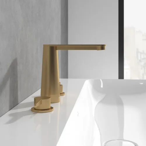 Bild von VILLEROY BOCH Conum Dreiloch-Waschtischarmatur ohne Ablaufgarnitur, Brushed Gold #TVW12700100176