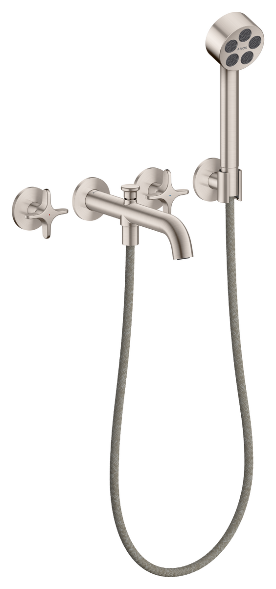 Bild von HANSGROHE AXOR One 3-Loch Wannenarmatur Unterputz für Wandmontage mit Kreuzgriffen und Handbrause #48443800 - Edelstahl Optic