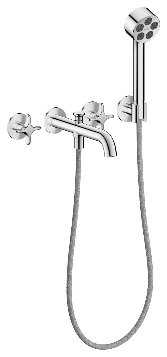 Bild von HANSGROHE AXOR One 3-Loch Wannenarmatur Unterputz für Wandmontage mit Kreuzgriffen und Handbrause #48443000 - Chrom