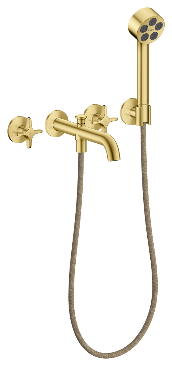 Bild von HANSGROHE AXOR One 3-Loch Wannenarmatur Unterputz für Wandmontage mit Kreuzgriffen und Handbrause #48443950 - Brushed Brass