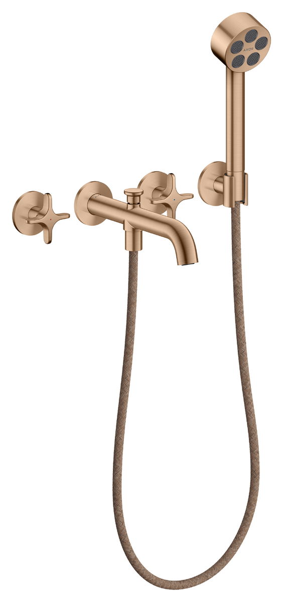 Bild von HANSGROHE AXOR One 3-Loch Wannenarmatur Unterputz für Wandmontage mit Kreuzgriffen und Handbrause #48443310 - Brushed Red Gold