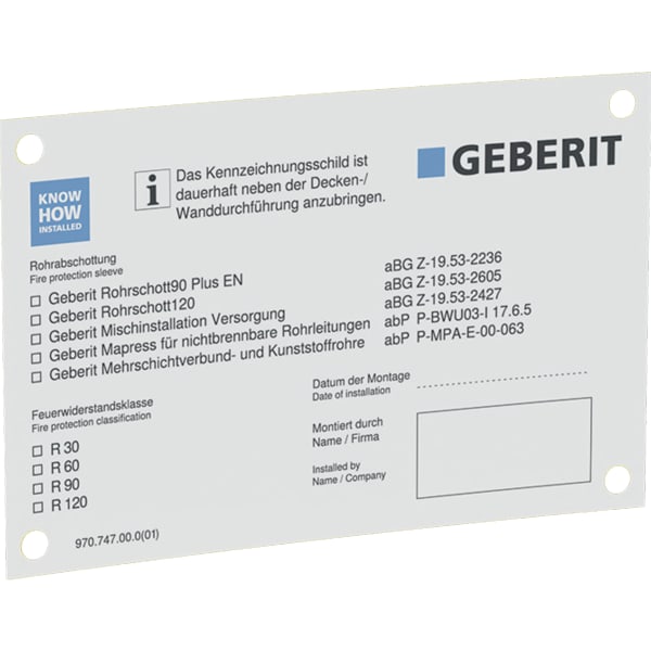 GEBERIT Kennzeichnungsschild für Rohrabschottungen #348.309.00.1