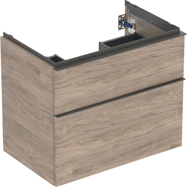 GEBERIT iCon Unterschrank für Waschtisch, mit zwei Schubladen #502.304.JR.1 - Korpus und Front: Nussbaum hickory / Melamin Holzstruktur Griff: lava / pulverbeschichtet matt