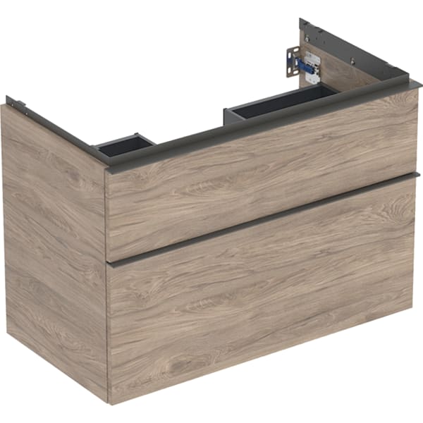 GEBERIT iCon Unterschrank für Waschtisch, mit zwei Schubladen #502.305.JR.1 - Korpus und Front: Nussbaum hickory / Melamin Holzstruktur Griff: lava / pulverbeschichtet matt