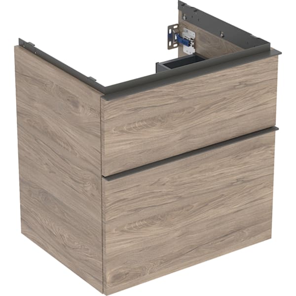 GEBERIT iCon Unterschrank für Waschtisch, mit zwei Schubladen #502.303.JR.1 - Korpus und Front: Nussbaum hickory / Melamin Holzstruktur Griff: lava / pulverbeschichtet matt