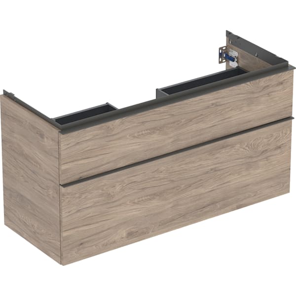 GEBERIT iCon Unterschrank für Waschtisch, mit zwei Schubladen #502.306.JR.1 - Korpus und Front: Nussbaum hickory / Melamin Holzstruktur Griff: lava / pulverbeschichtet matt