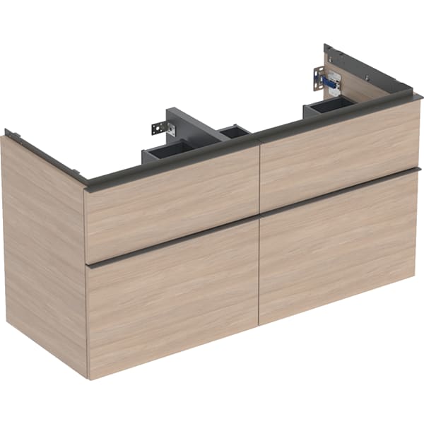 GEBERIT iCon Unterschrank für Doppelwaschtisch, mit vier Schubladen #502.309.JH.1 - Korpus und Front: Eiche / Melamin Holzstruktur Griff: lava / pulverbeschichtet matt