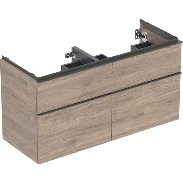 GEBERIT iCon Unterschrank für Doppelwaschtisch, mit vier Schubladen #502.309.JR.1 - Korpus und Front: Nussbaum hickory / Melamin Holzstruktur Griff: lava / pulverbeschichtet matt