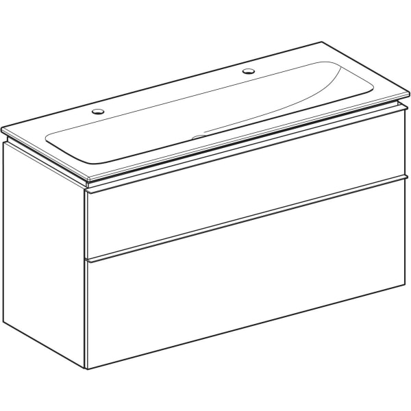 GEBERIT iCon Set Möbelwaschtisch schmaler Rand, mit Unterschrank, zwei Schubladen und Waschbeckenanschluss #502.334.JH.1 - Waschtisch: weiß / KeraTect Korpus und Front: Eiche / Melamin Holzstruktur Griff: lava / pulverbeschichtet matt
