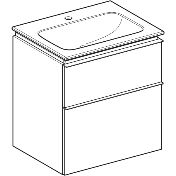 GEBERIT iCon Set Möbelwaschtisch schmaler Rand, mit Unterschrank, zwei Schubladen und Waschbeckenanschluss #502.331.JL.1 - Waschtisch: weiß / KeraTect Korpus und Front: sand-grau / lackiert hochglänzend Griff: sand-grau / pulverbeschichtet matt