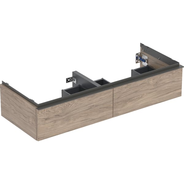 GEBERIT iCon Unterschrank für Doppelwaschtisch, mit zwei Schubladen #502.314.JR.1 - Korpus und Front: Nussbaum hickory / Melamin Holzstruktur Griff: lava / pulverbeschichtet matt
