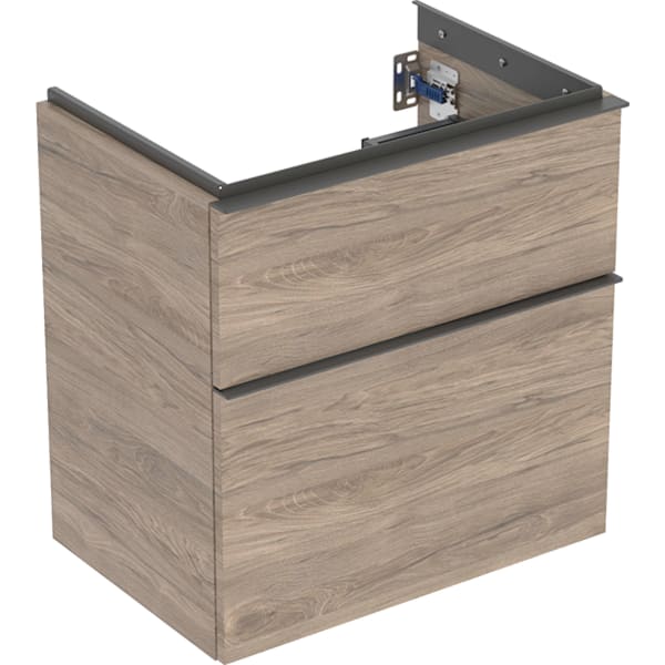 GEBERIT iCon Unterschrank für Waschtisch, mit zwei Schubladen, verkürzte Ausladung #502.307.JR.1 - Korpus und Front: Nussbaum hickory / Melamin Holzstruktur Griff: lava / pulverbeschichtet matt