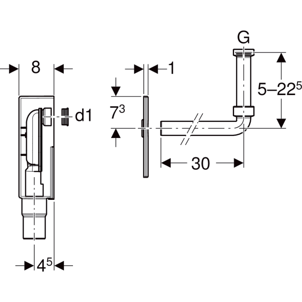 GEBERIT UP-Geruchsverschluss für Waschbecken, mit Wandeinbaukasten, Fertigbauset, Siebventil und Standrohr, Abgang horizontal #151.122.21.1 - chrom / glänzend