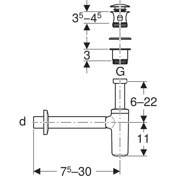 GEBERIT Waschbeckenablauf mit Geruchsverschluss, Außenventilstopfen mit Druckbetätigung, Abgang horizontal #151.021.21.1 - chrom / glänzend