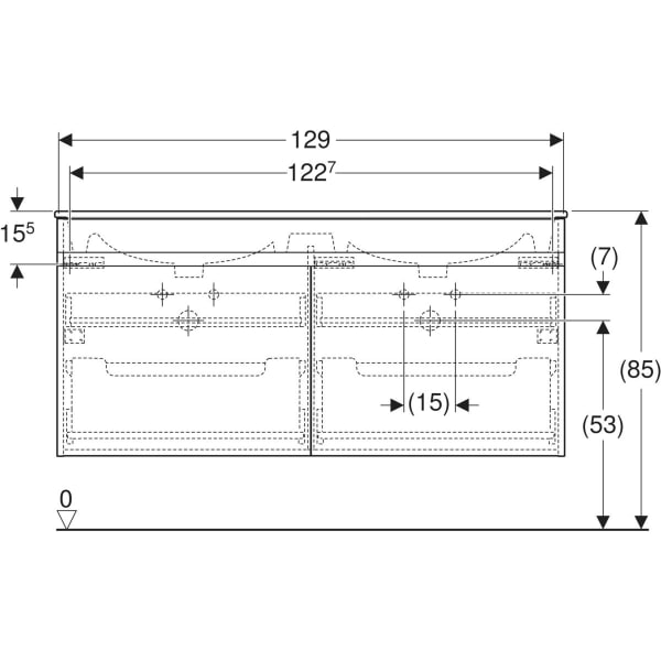 GEBERIT Renova Plan Set Doppelmöbelwaschtisch schmaler Rand, mit Waschtischunterschrank, zwei Schubladen und zwei Innenschubladen #501.918.JK.8 - Korpus und Front: lava / lackiert matt Waschtisch: weiß / KeraTect