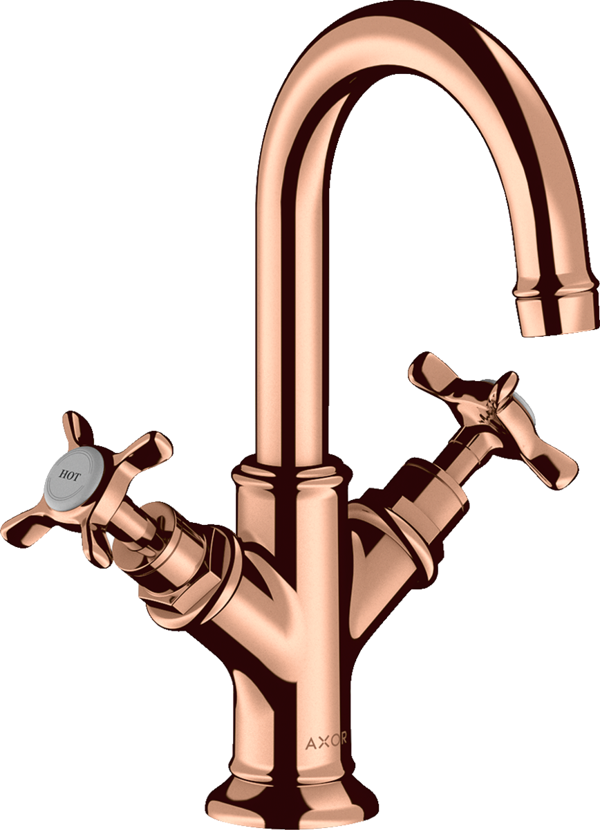 HANSGROHE AXOR Montreux 2-Griff Waschtischarmatur 160 mit Kreuzgriffen für Handwaschbecken mit Zugstangen-Ablaufgarnitur #16505300 - Polished Red Gold