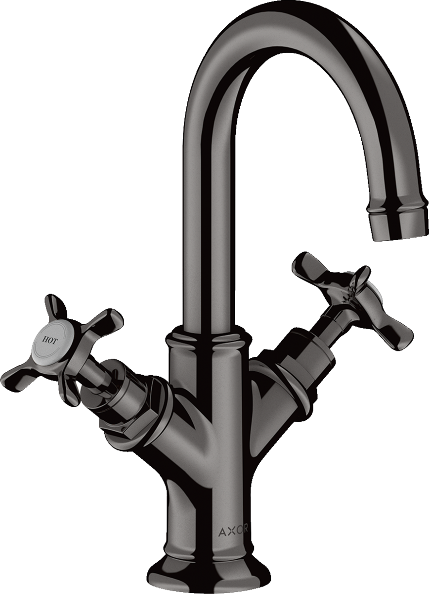 HANSGROHE AXOR Montreux 2-Griff Waschtischarmatur 160 mit Kreuzgriffen für Handwaschbecken mit Zugstangen-Ablaufgarnitur #16505330 - Polished Black Chrome