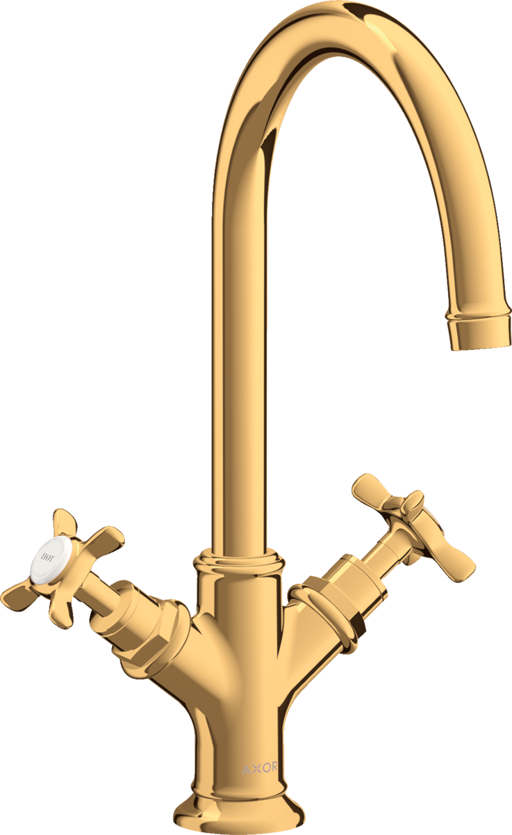 HANSGROHE AXOR Montreux 2-Griff Waschtischarmatur 210 mit Kreuzgriffen und Zugstangen-Ablaufgarnitur #16502990 - Polished Gold Optic
