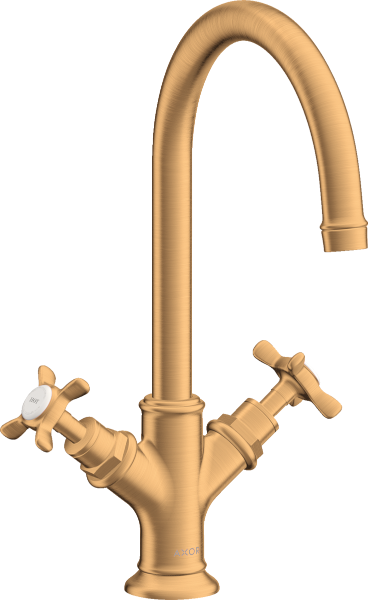 HANSGROHE AXOR Montreux 2-Griff Waschtischarmatur 210 mit Kreuzgriffen und Zugstangen-Ablaufgarnitur #16502250 - Brushed Gold Optic