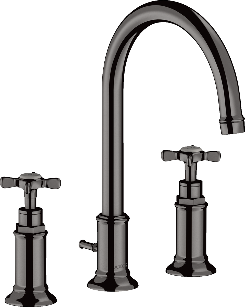 HANSGROHE AXOR Montreux 3-Loch Waschtischarmatur 180 mit Kreuzgriffen und Zugstangen-Ablaufgarnitur #16513330 - Polished Black Chrome