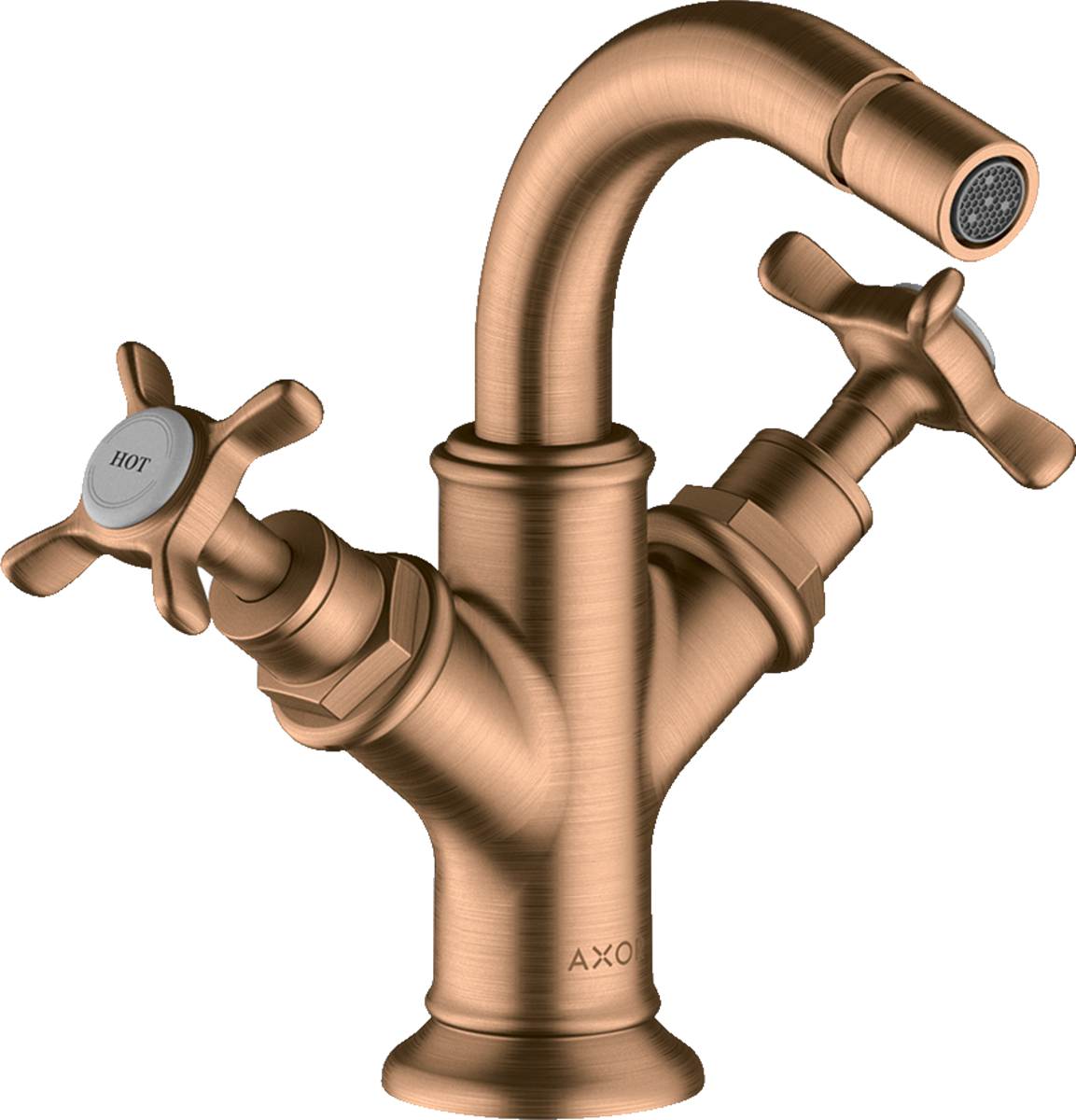 HANSGROHE AXOR Montreux 2-Griff Bidetarmatur mit Kreuzgriffen und Zugstangen-Ablaufgarnitur #16520140 - Brushed Bronze