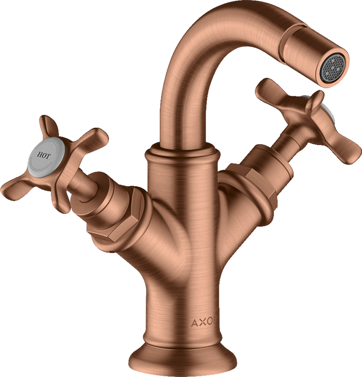 HANSGROHE AXOR Montreux 2-Griff Bidetarmatur mit Kreuzgriffen und Zugstangen-Ablaufgarnitur #16520310 - Brushed Red Gold